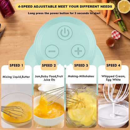 Cordless Hand Mixer MixgoII, Handheld Mixer Electric Whisk & Milk Frother, Hand Held Mini Mixers, Rechargeable Hand Mixer and Whisker, Food Processor for Cooking, Food Chopper, 4-Speed, 10Oz