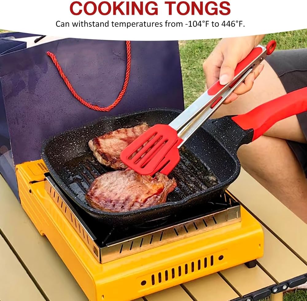 Mini Silicone Serving Tongs Set of 3, Small Kitchen Tongs (7 inch) with Silicone Tips and Stainless Steel Handle, Cooking Tongs for Salads, Pasta, Steaks, Vegetables