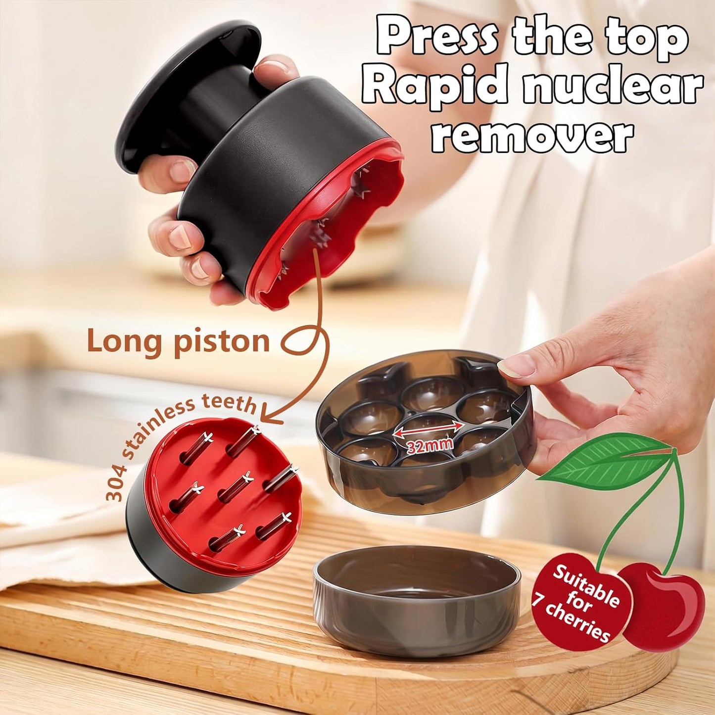Cherry Pitter Tool 7-in-1 Stainless Steel Cherry Pitter with Splatter Guard, Easy Push Button Cherry Pitter Tool for Cherries Olives and Fruits, Food Grade Cherry Seed Remover