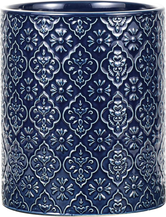 Kitchen Utensil Holder, 7 Inches Large Ceramic Utensil Holder for Countertop, Lace Emboss Cooking Utensil Crocks for Kitchen, Home Decor, Off-White
