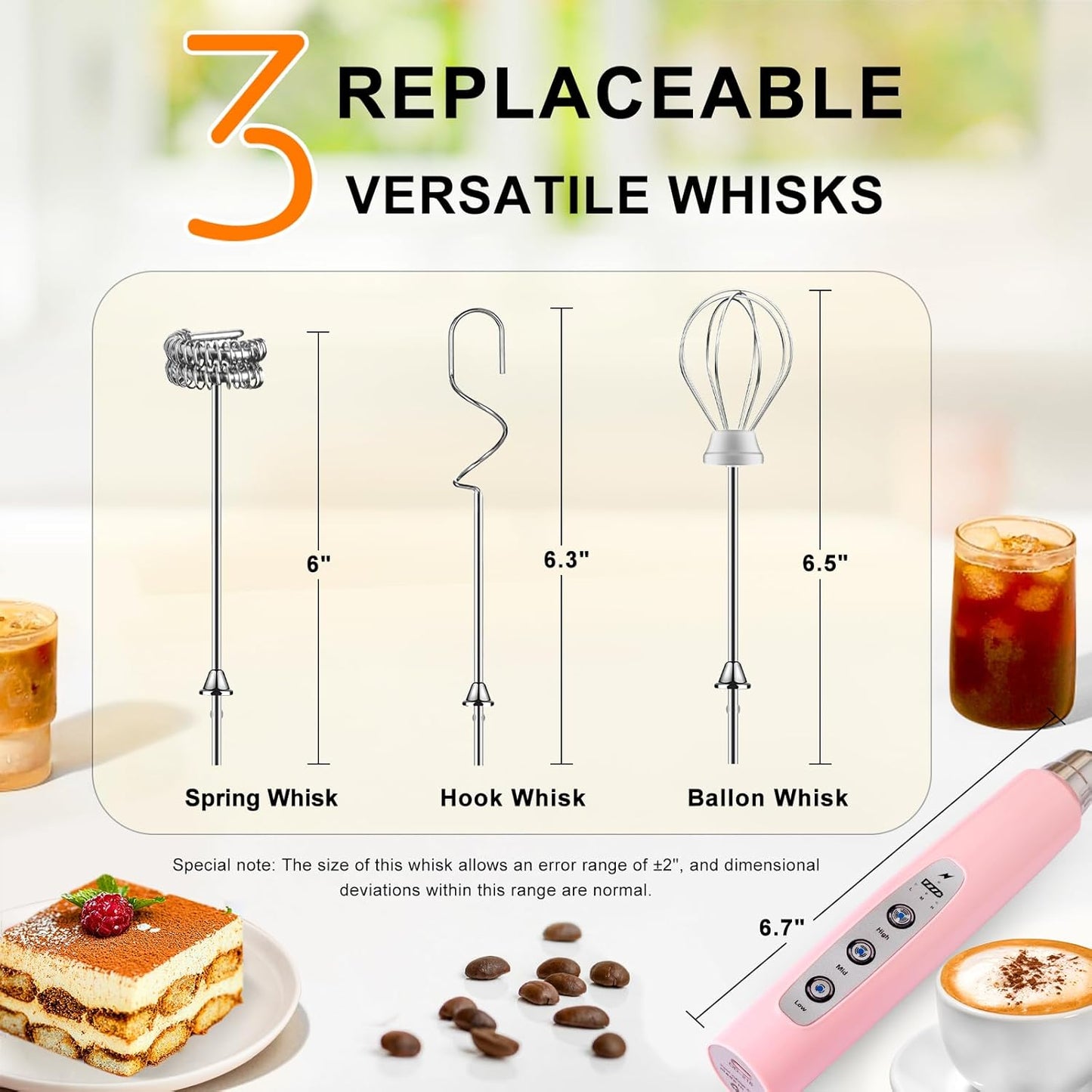 YUSWKO Black Handheld Milk Frother Wand for Coffee, Rechargeable Electric Whisk with 3 Heads 3 Speeds Drink Mixer Coffee Frother For Latte, Cappuccino, Hot Chocolate, Egg