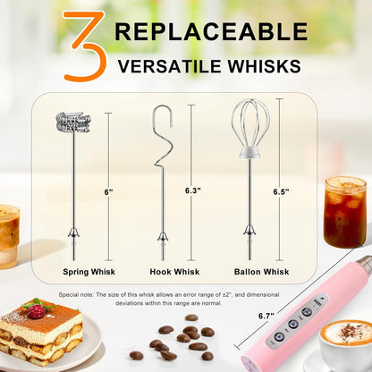 YUSWKO Black Handheld Milk Frother Wand for Coffee, Rechargeable Electric Whisk with 3 Heads 3 Speeds Drink Mixer Coffee Frother For Latte, Cappuccino, Hot Chocolate, Egg