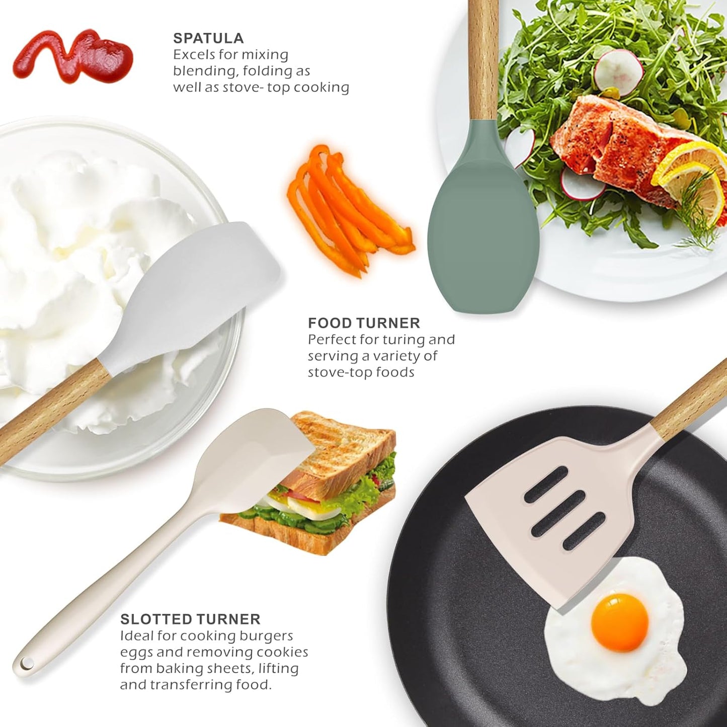 oannao Silicone Cooking Utensils Kitchen Utensil Set - 446°F Heat Resistant Silicone Kitchen Utensils Set, Spatula,Turner Tongs, Spoon, Whisk,Kitchen Gadgets for Nonstick Cookware, BPA Free (Gray)