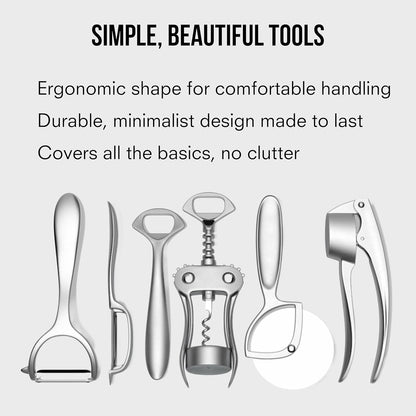 Public Goods Kitchen Tool Set | 6 Piece Kitchen Utensil Set | Includes Y-Peeler, Peeler, Bottle Opener, Wine Opener, Pizza Cutter, and Garlic Press | Plastic-Free, Dishwasher Safe Gadget Essentials