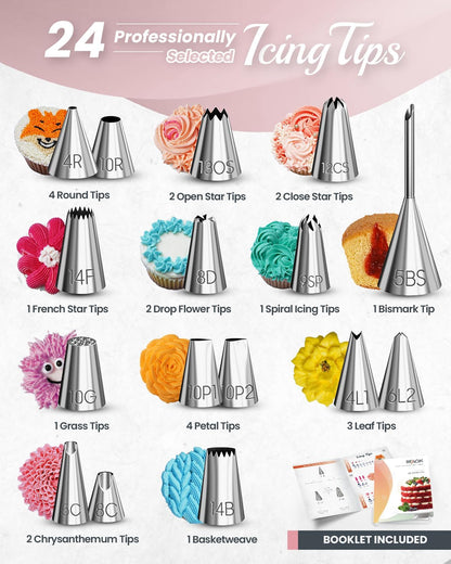 RFAQK 90PCs Cake Decorating Kit with Leveler, Baking Supplies Gift Includes Cake Stand Turntable, 24 Numbered Icing Tips, 55+1 Piping Bags, 2 Frosting Spatulas, 3 Scrappers, Video Course & Booklet