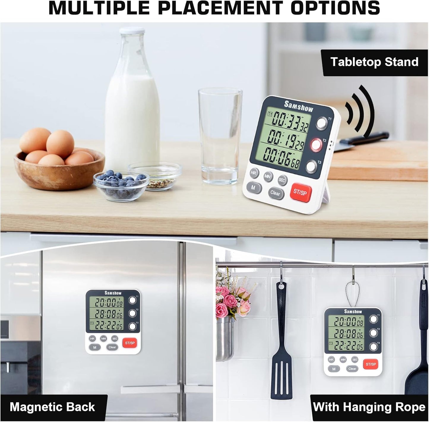 Digital Kitchen Timer Dual Timers 3 Channels Count UP/Down Cooking Timer Large Display, Adjustable Volume Alarm with Magnetic Back, Stand, Battery Included