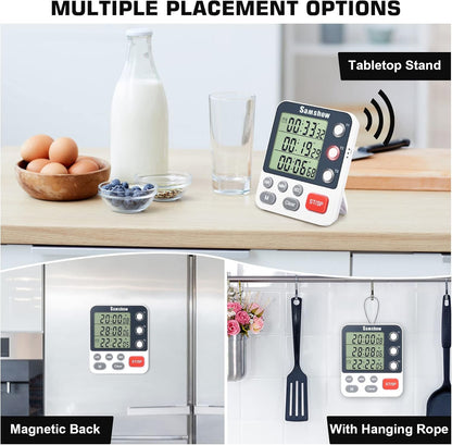 Digital Kitchen Timer Dual Timers 3 Channels Count UP/Down Cooking Timer Large Display, Adjustable Volume Alarm with Magnetic Back, Stand, Battery Included