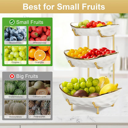Fruit Bowl for Kitchen Counter, 3 Tier Ceramic Fruit Basket with Metal Stand, Tiered Fruit Stand for Countertop, Modern Multi Serving Bowl for Party Dessert, Vegetable, Snack