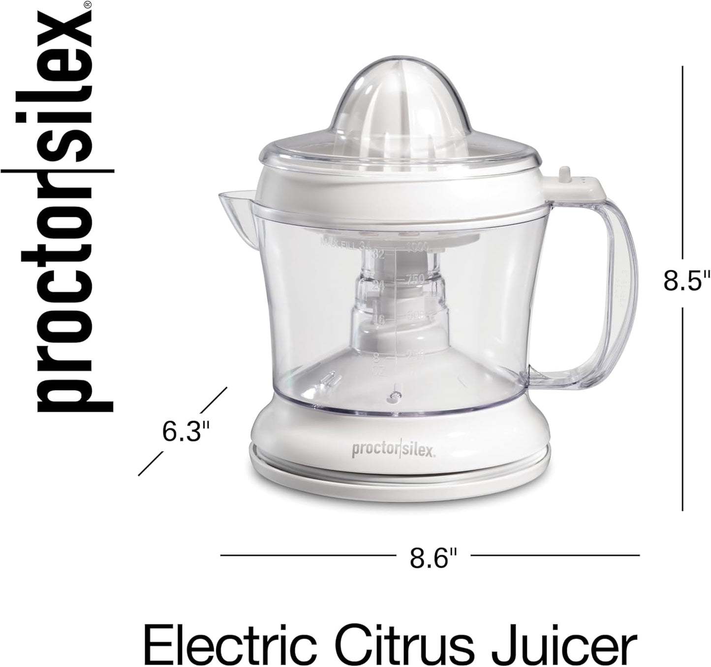 Proctor Silex Electric Citrus Juicer Machine, Large 34 oz. Pitcher, Pressure Activated, 2 Reamers for Big and Small Fruit, Pulp Control, for Orange, Lemon, Grapefruit Juice, White & Green (66340)