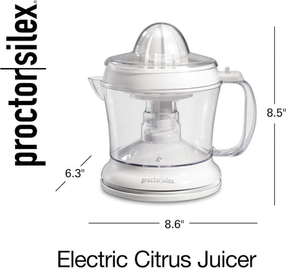 Proctor Silex Electric Citrus Juicer Machine, Large 34 oz. Pitcher, Pressure Activated, 2 Reamers for Big and Small Fruit, Pulp Control, for Orange, Lemon, Grapefruit Juice, White & Green (66340)