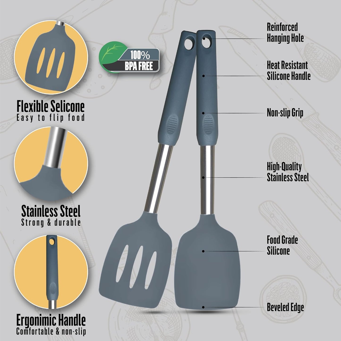 Silicone Spatula Set (2-Pc) - 600°F Heat Resistant, BPA Free, Non-Scratch, Dishwasher Safe I Slotted & Solid Kitchen Spatula Turners I Ideal for Eggs, Pancakes, Fish I Stainless Steel I Gray