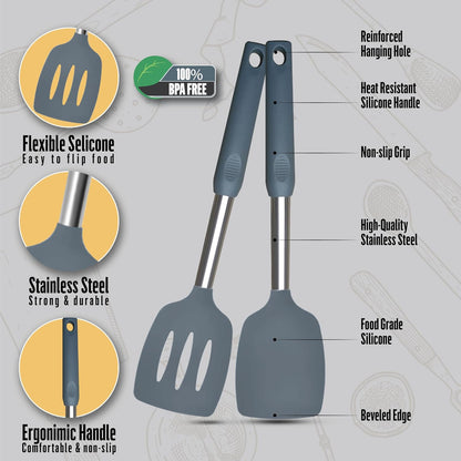 Silicone Spatula Set (2-Pc) - 600°F Heat Resistant, BPA Free, Non-Scratch, Dishwasher Safe I Slotted & Solid Kitchen Spatula Turners I Ideal for Eggs, Pancakes, Fish I Stainless Steel I Gray
