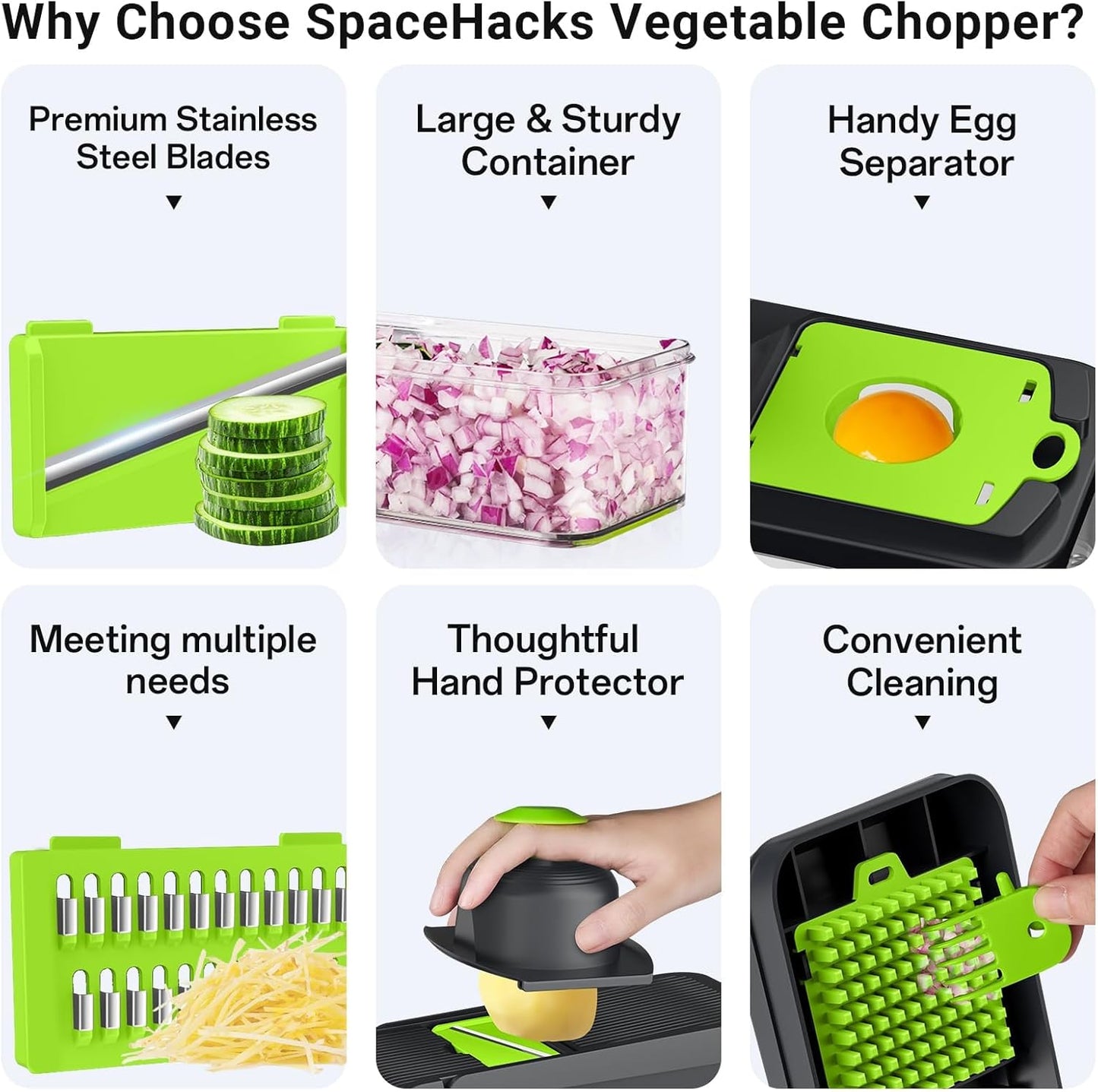 SpaceHacks 12-in-1 Vegetable Chopper, Kitchen Gadgets with 7 Blades, Veggie, Food, Onion Chopper, Cucumber Slicer, Versatile Mandoline, Includes Egg Separator & Finger Guard, Gray