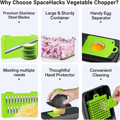 SpaceHacks 12-in-1 Vegetable Chopper, Kitchen Gadgets with 7 Blades, Veggie, Food, Onion Chopper, Cucumber Slicer, Versatile Mandoline, Includes Egg Separator & Finger Guard, Gray