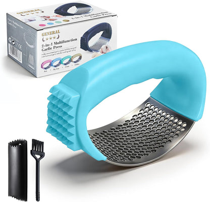 Garlic Press Rocker 304 Stainless Steel Garlic Mincer & Crusher with Silicone Peeler and Cleaning Brush, Ergonomic Dishwasher Safe Garlic Chopper Kitchen Gadget for Seniors & Home Cooks