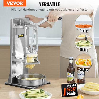 VEVOR French Fry Cutter, Ergonomic Potato Slicer with 3 Blades (1/2", 3/8", 1/4") & Juicer Plate, Easy-Replace Vegetable Chopper Dicer for Carrot, Onion, Lemon, Ideal for Home & Commercial Kitchens