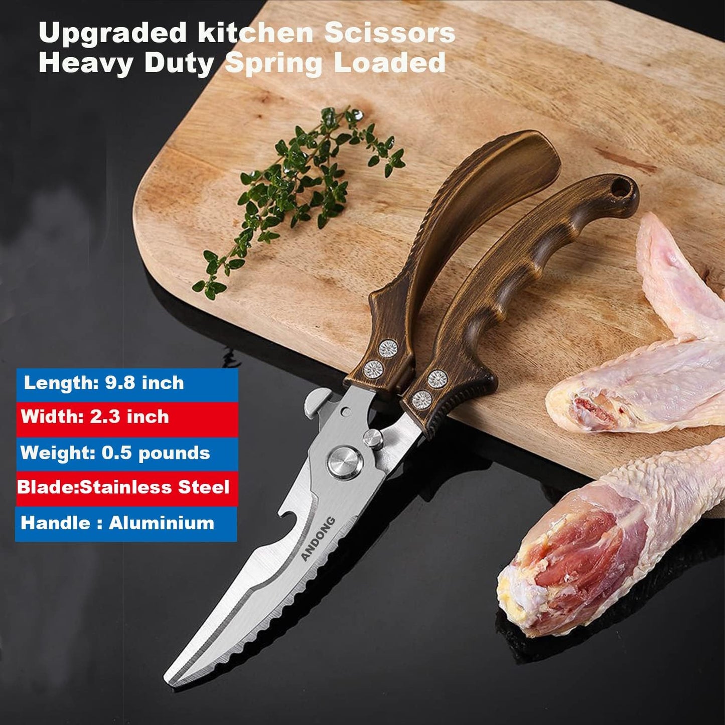 ANDONG Upgrade Heavy Duty Stainless Steel Kitchen Scissors - Professional Poultry Shears for Bone, Meat, Chicken, Fish, Turkey, Vegetables,Spring Loaded Multipurpose Ultra Sharp Utility Scissors