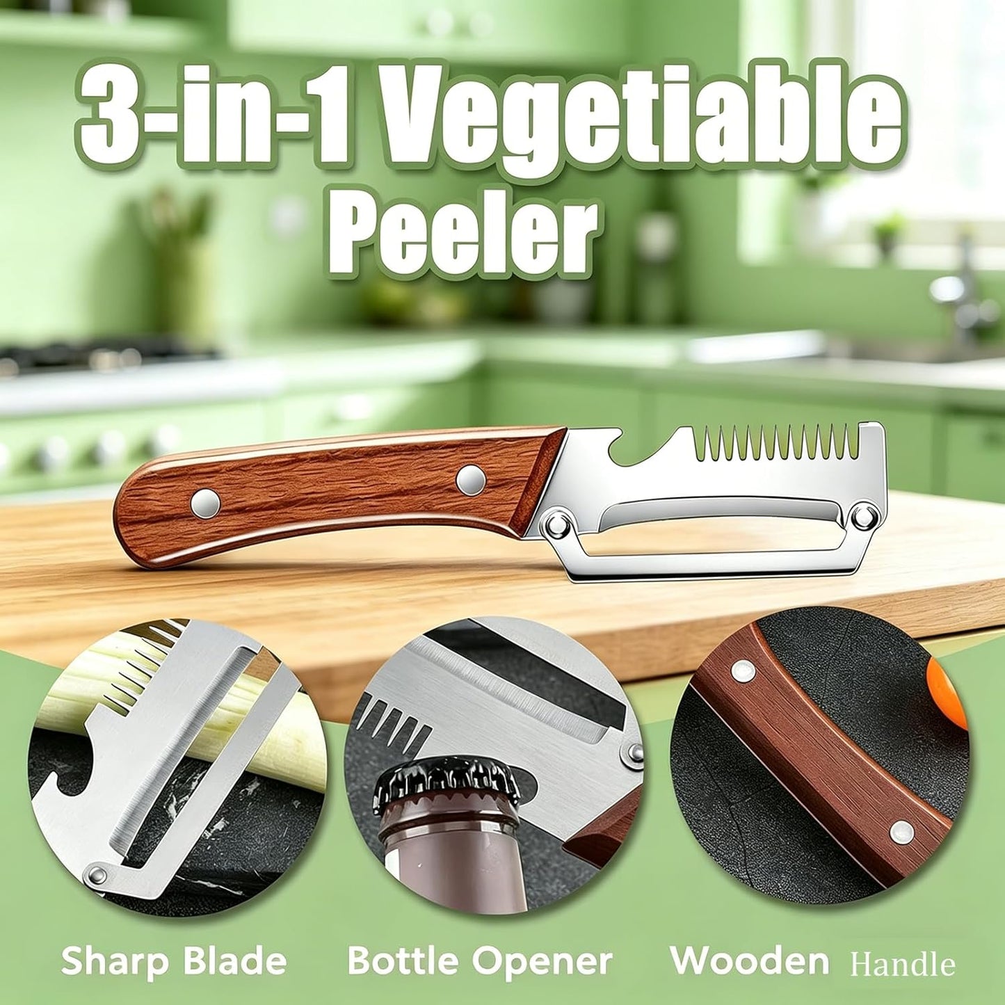 2026 Upgraded Multi-Functional Vegetable Peeler, Premium Peeler with Wooden Handle & Bottle Opener, Non-slip Kitchen Gadget for Potato, Carrot, Pumpkin and Fruit Peeling, 2 Pack