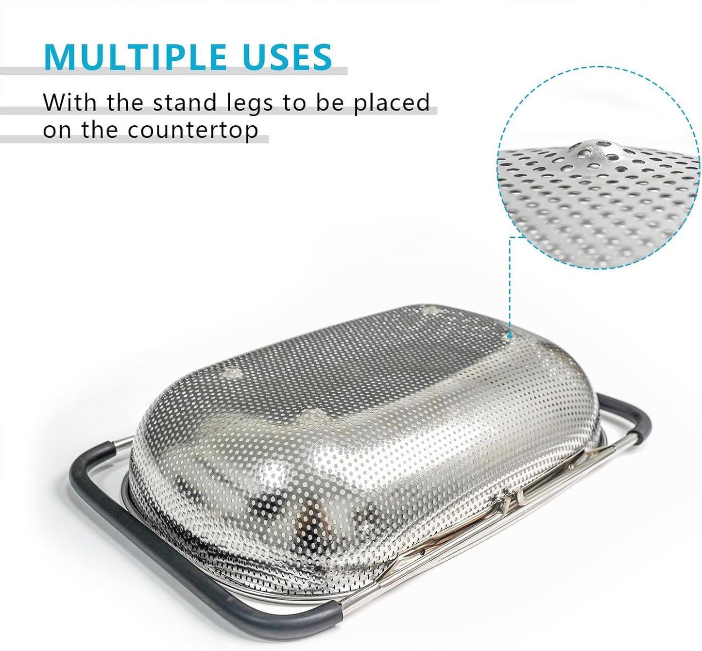 GREATLINK Over Sink Expandable Colander - Fine Mesh Strainer Basket with Extendable Handles for Kitchen, 6QT Vegetable Fruit Pasta Strainer for Washing Rice, Kitchen Colander