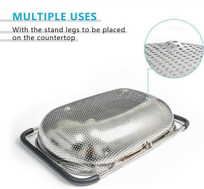 GREATLINK Over Sink Expandable Colander - Fine Mesh Strainer Basket with Extendable Handles for Kitchen, 6QT Vegetable Fruit Pasta Strainer for Washing Rice, Kitchen Colander