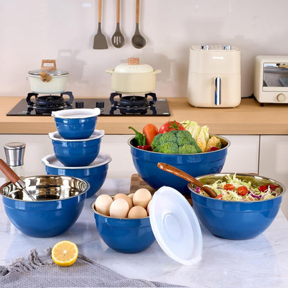 Red Mixing Bowls with Lids Set of 7, Stainless Steel Nesting Bowl with Khaki Lid for Non-slip Mixing Prepping Storing Serving, 7 Sizes-7/3.6/2.7/2.1/1.5/1/0.8 QT