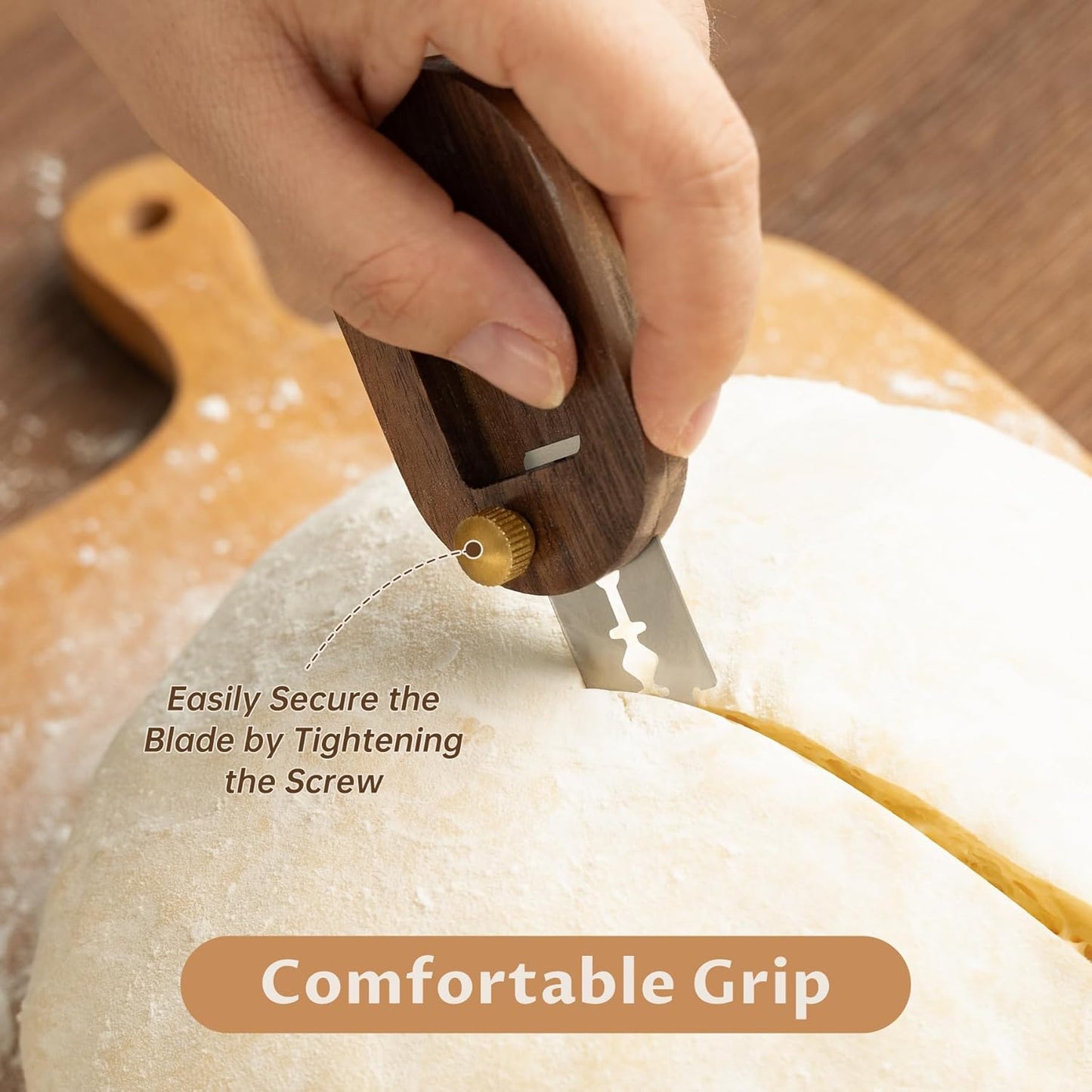 NiHome Bread Lame with Extractable Blade and Magnetic Back, Push-Pull Design for Secure Blade Locking, Easy-to-Use Walnut Wood Handle, Perfect for Dough Scoring, Bread, Pastries, and Food Cutting