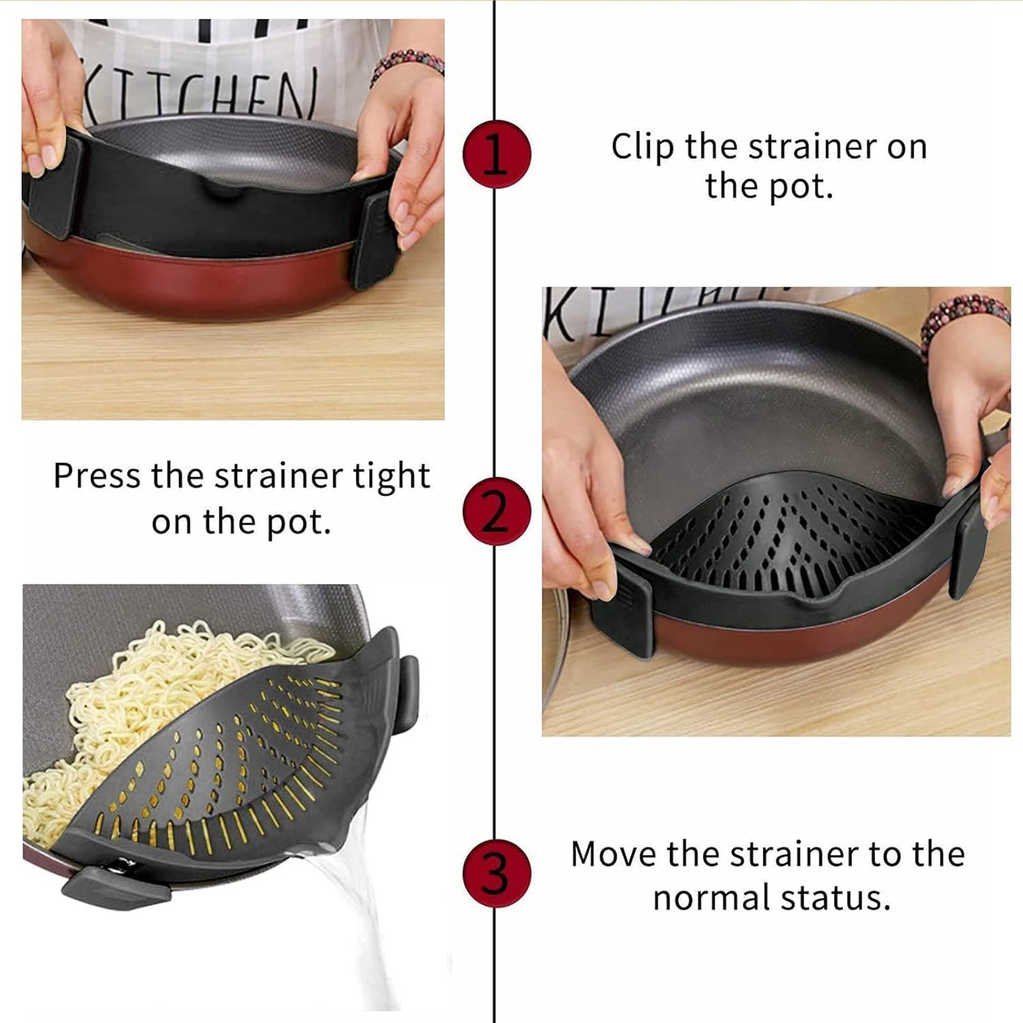 2 Pcs Clip on Strainer, Pot Strainer for Pasta Meat Vegetables Fruit, Silicone Strainers - Fit All Pots Bowls.