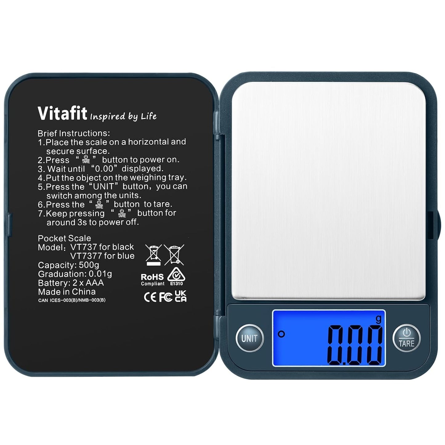 Vitafit 500g Digital Pocket Scale,High Accuracy Assured by Scale Professional Factory Since 2001, Gram Scale 0.01g for Multifunction: Lab,Food, Kitchen,Coffee,Jewelry; Black