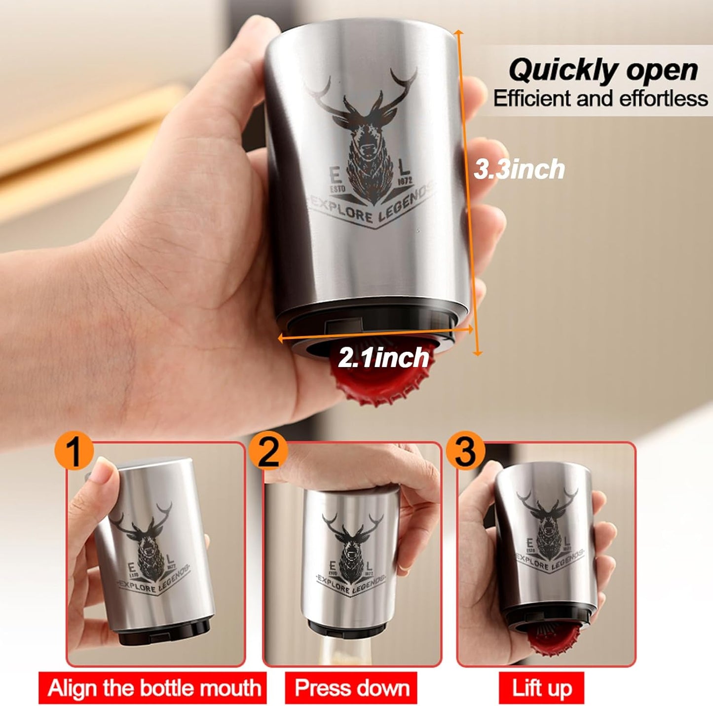 2PCS Beer Bottle Opener with Magnetic Cap, Automatic Stainless Steel One-Handed Bottle Cap Opener, Spring Loaded Push&Pop for Kitchen Home Bar Restaurant Household Utensils Destapador de Cerveza