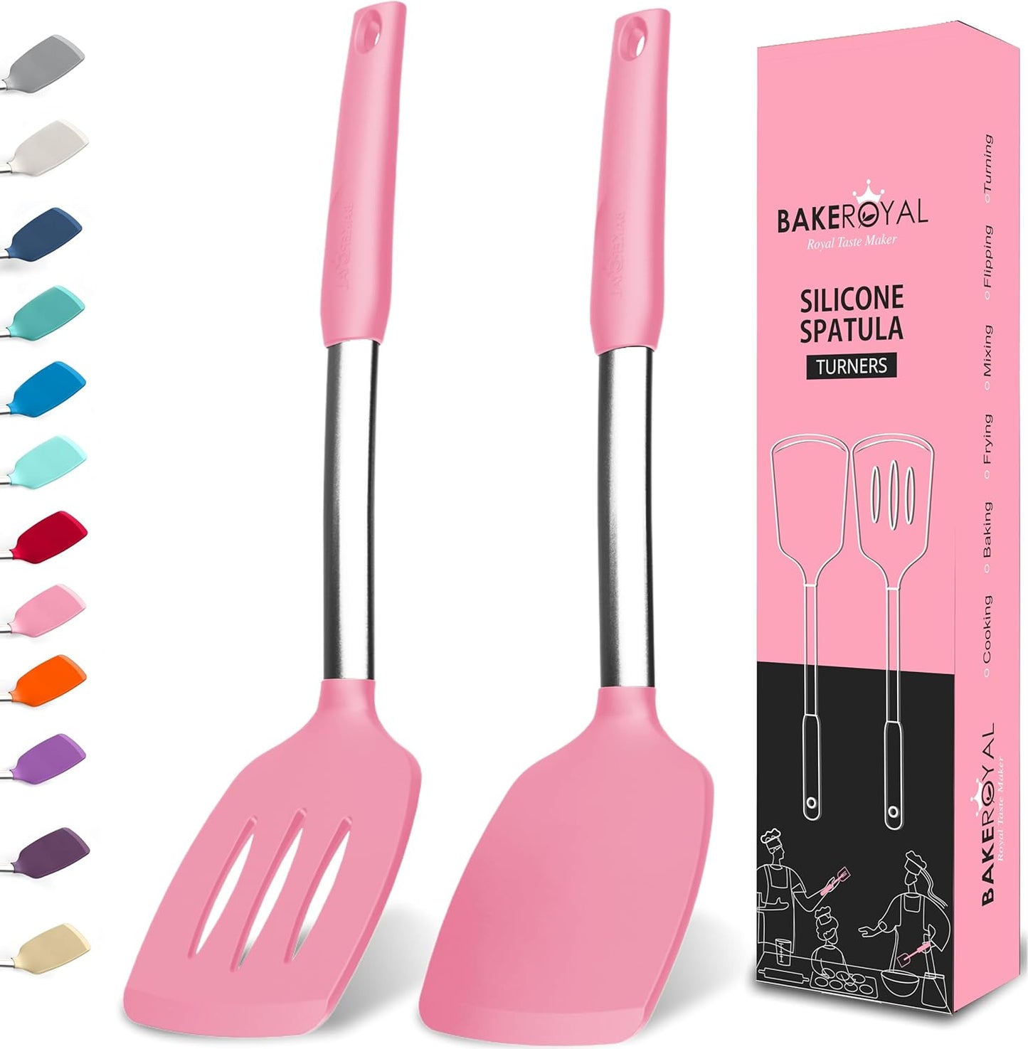 BakeRoyal Silicone Spatula Set - Turner Spatulas Silicone Heat Resistant 600°F - Slotted & Solid Spatula for Cooking Fish, Eggs, Pancakes Flipper – Spatulas for kitchen use – Royal Blue