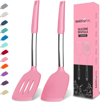 BakeRoyal Silicone Spatula Set - Turner Spatulas Silicone Heat Resistant 600°F - Slotted & Solid Spatula for Cooking Fish, Eggs, Pancakes Flipper – Spatulas for kitchen use – Royal Blue