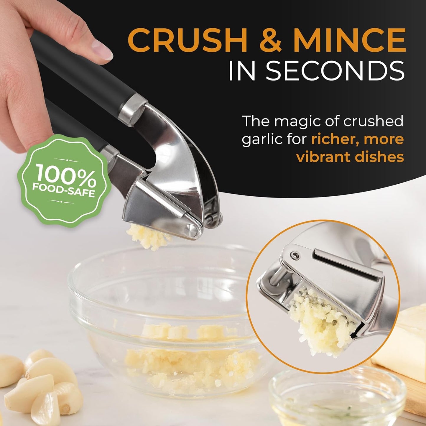 ORBLUE Garlic Press Stainless Steel - Premium Professional Grade Garlic Mincer, Crusher & Peeler Set - Easy Clean, Dishwasher Safe & Rust-proof