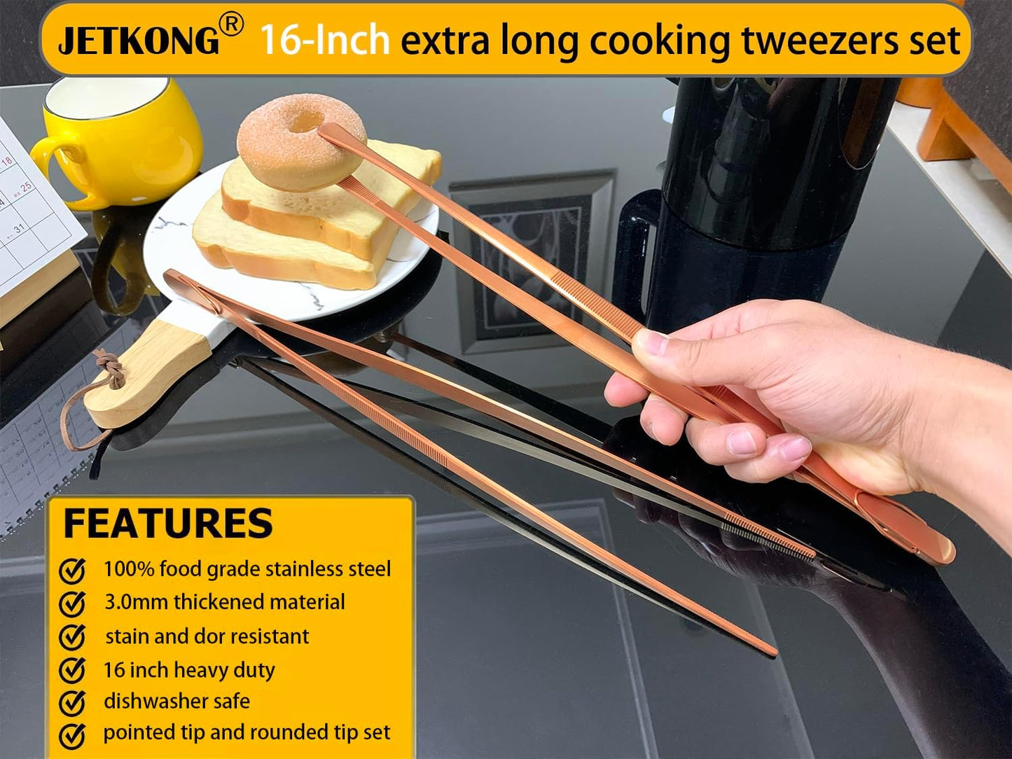 JETKONG 2 Pcs 12-Inch Kitchen Tweezers Fine Tweezer Tongs, Extra-Long Stainless Steel Cooking Tweezers (Silver)