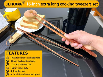 JETKONG 2 Pcs 12-Inch Kitchen Tweezers Fine Tweezer Tongs, Extra-Long Stainless Steel Cooking Tweezers (Silver)