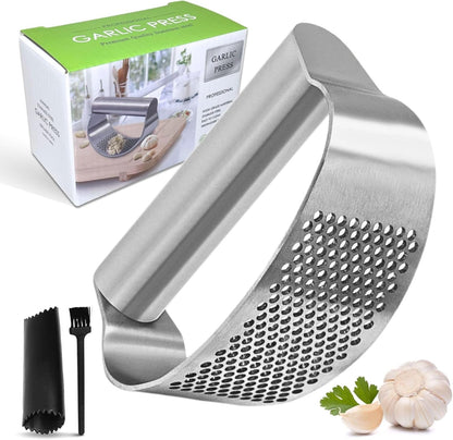 Garlic Press Rocker 304 Stainless Steel Garlic Mincer Crusher Easy to Clean Dishwasher Safe Textured End for Light Tenderizing, with Silicone Peeler and Cleaning Brush (Pink)