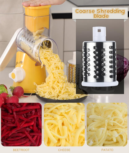 Ourokhome Rotary Cheese Grater Hand Crank, Kitchen Shredder Speed Mandolin Slicer Nut Grinder with Handle and Drum Blades for Cheese, Vegetable, Walnut, Chocolate, Potato, Carrot, 3 Blades, Dark Blue