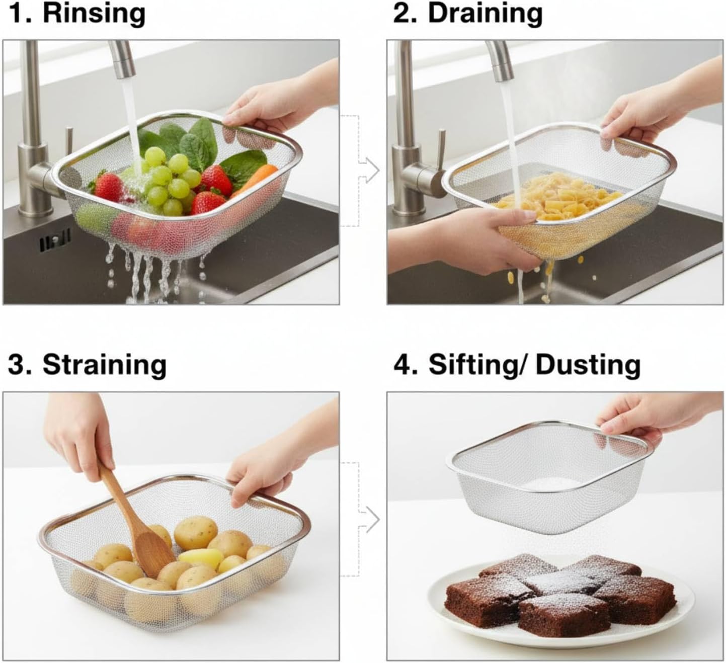 18/8 Stainless Steel Colander Strainer for Kitchen, Rectangular Colander for Pasta, Vegetables, Fruits, Rustproof & Dishwasher Safe (13.0 x 7.1 x 2.2 inch)