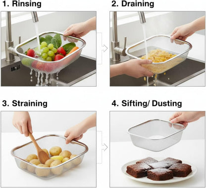 18/8 Stainless Steel Colander Strainer for Kitchen, Rectangular Colander for Pasta, Vegetables, Fruits, Rustproof & Dishwasher Safe (13.0 x 7.1 x 2.2 inch)