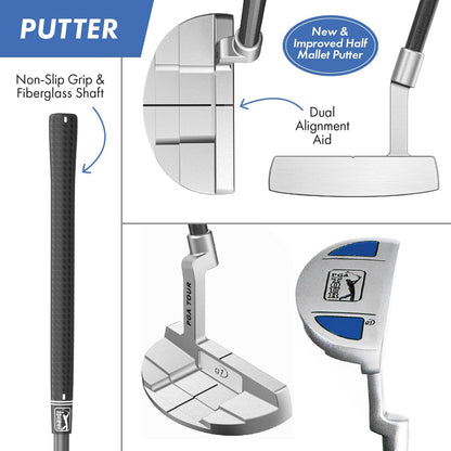 PGA Tour Youth Golf Club Set for Ages 8-12 & 12+ (4’8”–5’10”), Right and Left-Handed Kids Golf Sets – Beginner Junior Golf Clubs with Lightweight Stand Bag, Mallet Putter, Hybrid, Driver