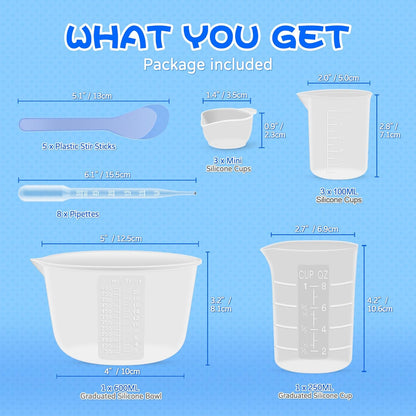Silicone Resin Mixing Measuring Cups for Resin Supplies, Easy-to-read Marks, 600ml/20oz Bowl, 250&100ml Thickened Reusable Silicone Cups for Epoxy Mixing, with Stir Sticks, Jewelry Making