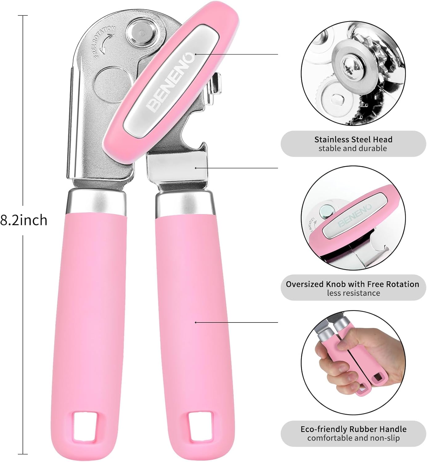 Beneno Heavy Duty Hand Can Opener Manual with Magnet, Durable Sharp Carbon Steel Blade Smooth Cutting, Big Effort-Saving Knob & Soft Grip Handle, Multifunctional Kitchen Tool with Bottle Opener, Green