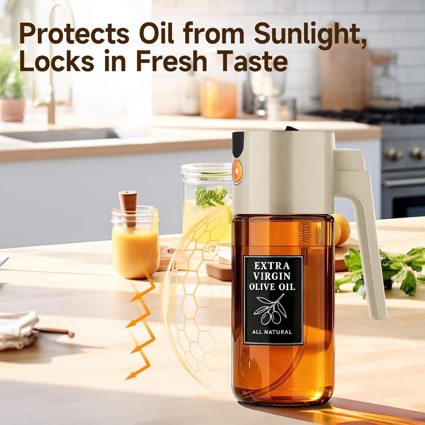 500ml Green Olive Oil Sprayer, Dark-Tinted Glass Spray Bottle for Salad, Air Fryer Vegetables, Controlled Oil Use, Refillable 2-in-1 Dispenser
