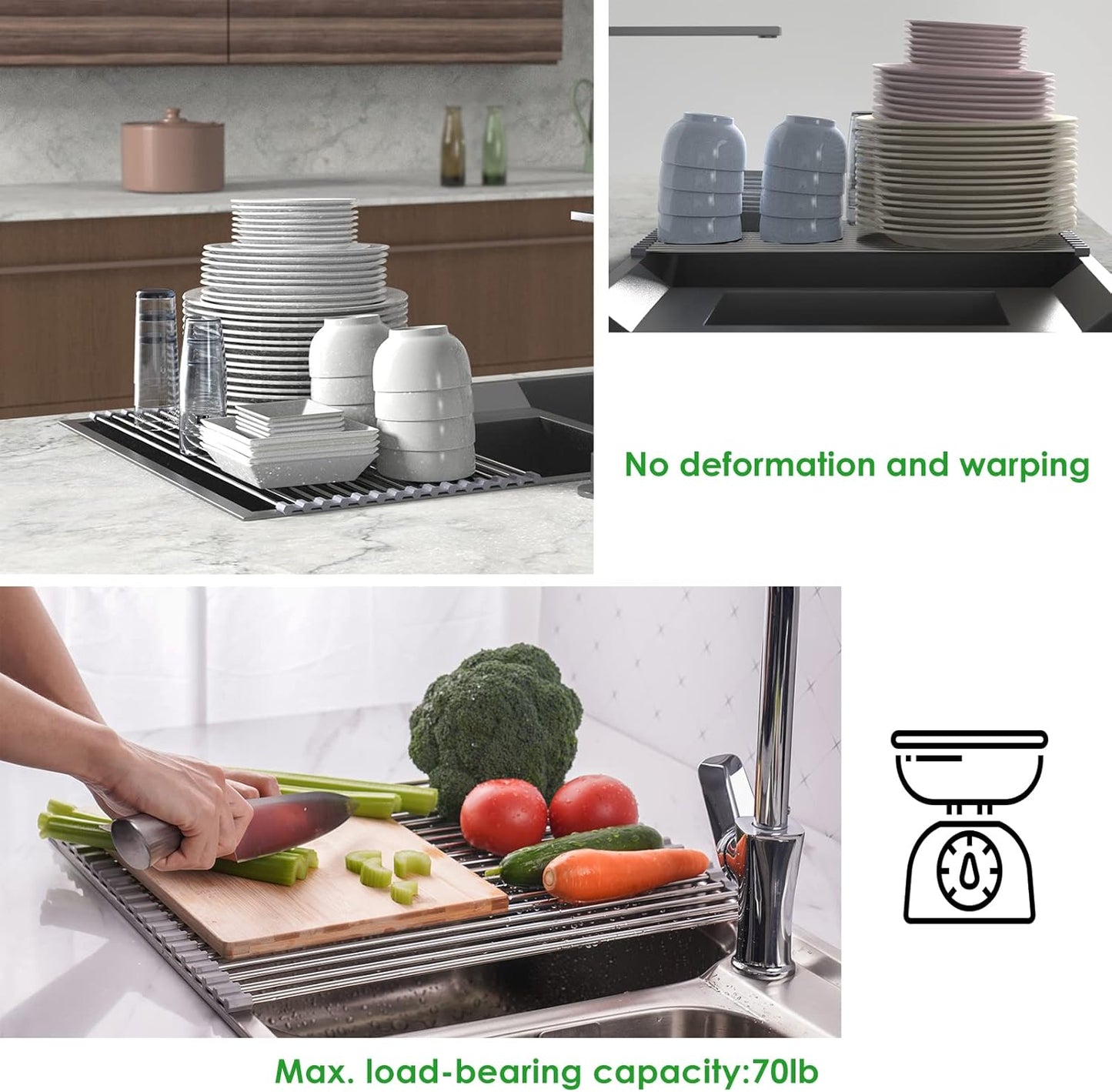 Tomorotec Roll Up Dish Drying Rack Over The Sink Grey Large Dish Drying Rack Rolling Foldable Collapsible SUS304 Stainless Steel Multipurpose Dish Drainer for Kitchen Counter (21”x15.7”)