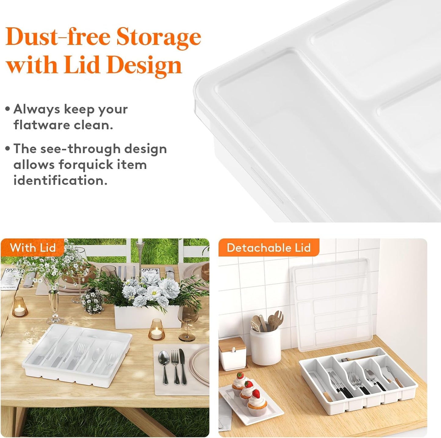 Lifewit Silverware Organizer with Lid, Covered Utensil Tray for Kitchen Drawer and Countertop, Plastic Cutlery and Flatware Storage Box for Spoons Forks Knives Holder Case, 12.6x11.8", Gray