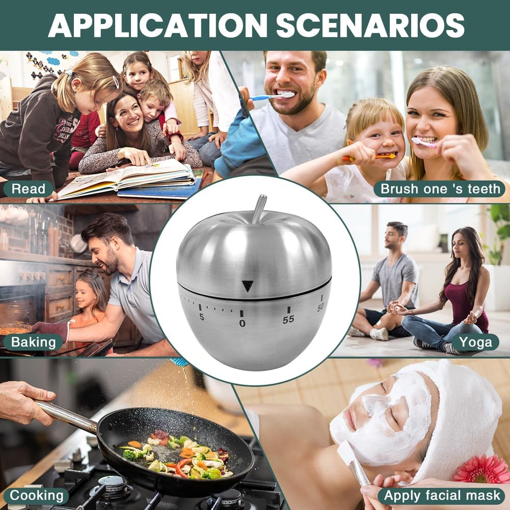 Mechanical Kitchen Timer 60 Minutes, Apple-Shaped Wind Up Timer (No Batteries), Manual Analog Cooking Timer with Loud Ring for Baking, Eggs, and Meal Prep, Silver