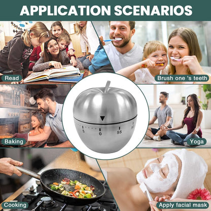 Mechanical Kitchen Timer 60 Minutes, Apple-Shaped Wind Up Timer (No Batteries), Manual Analog Cooking Timer with Loud Ring for Baking, Eggs, and Meal Prep, Silver