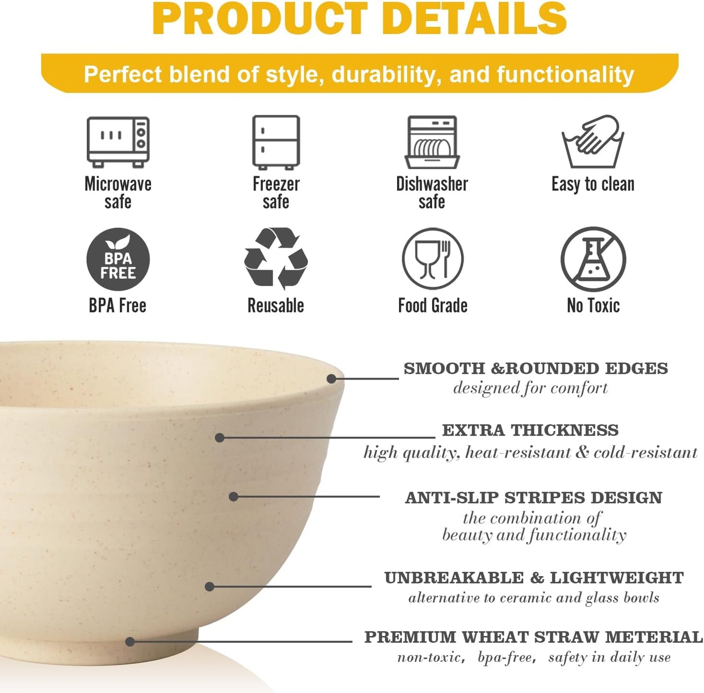 Wheat Straw Bowls Set with Lids, Unbreakable 40 OZ Cereal Bowls Set of 4, Salad Container for Lunch, Microwave & Dishwasher Safe Bowl Set for Kitchen, Picnic, RV, Camping, Multi