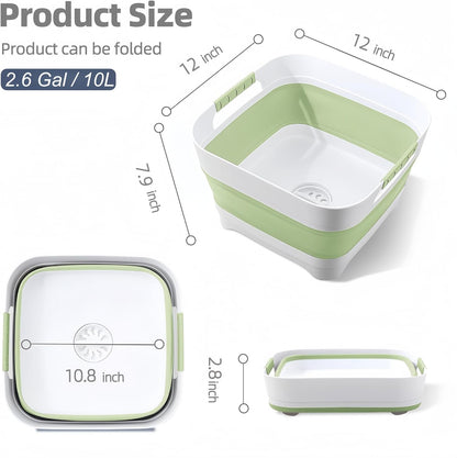 2.6 Gal/10L Collapsible Wash Basin with Drain Plug, Portable Foldable Dish Tub, Large Capacity Space-Saving Sink for Baby Bottles, RV, Camping, Kitchen, Travel & Outdoor Use