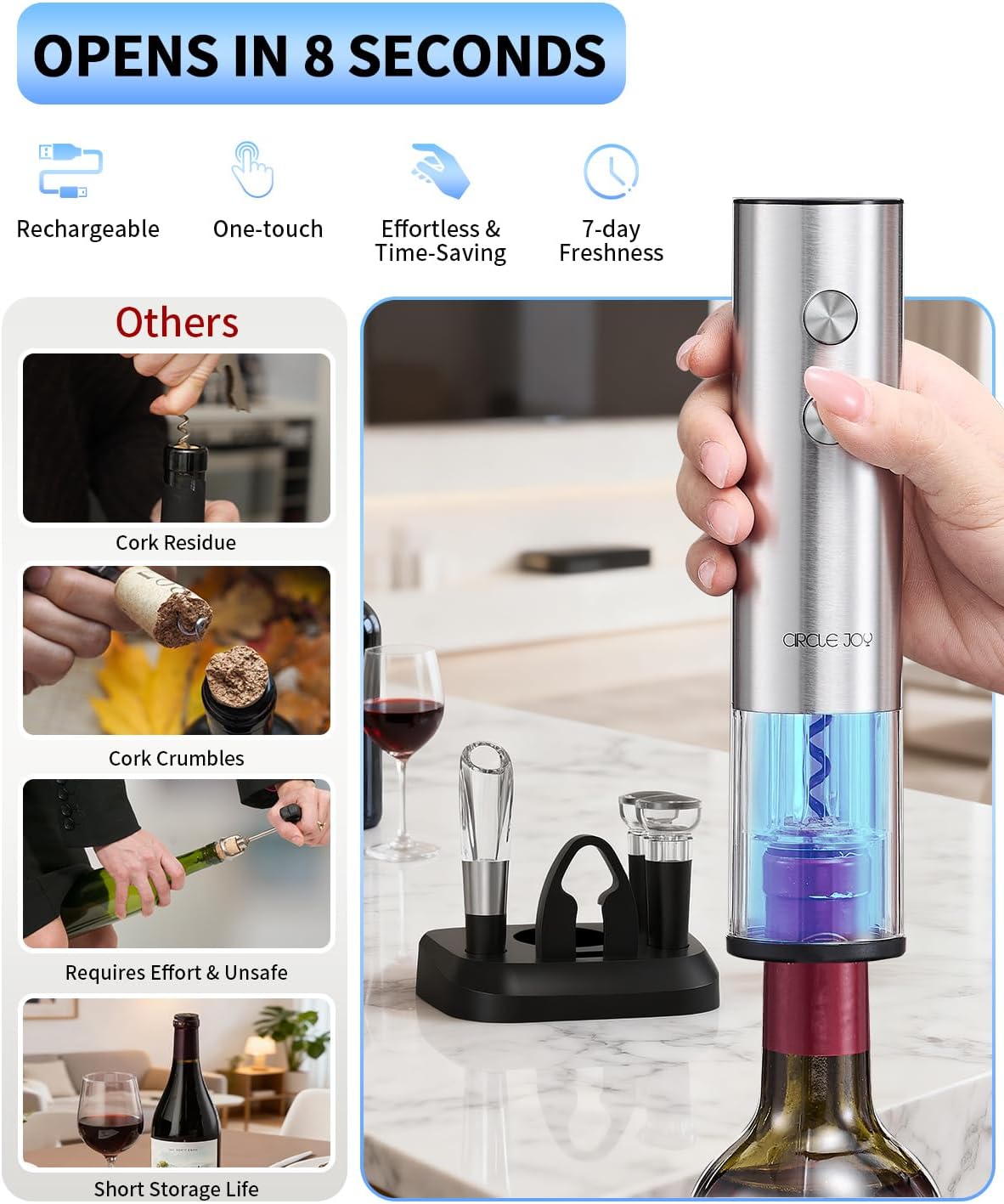 CIRCLE JOY Electric Wine Opener Stainless Steel Rechargeable Automatic Wine Bottle Opener Set 7-in-1 Wine Gifts for Wine Lovers with Charging Base, Foil Cutter, Wine Aerator Pourer & 2 Vacuum Stoppers
