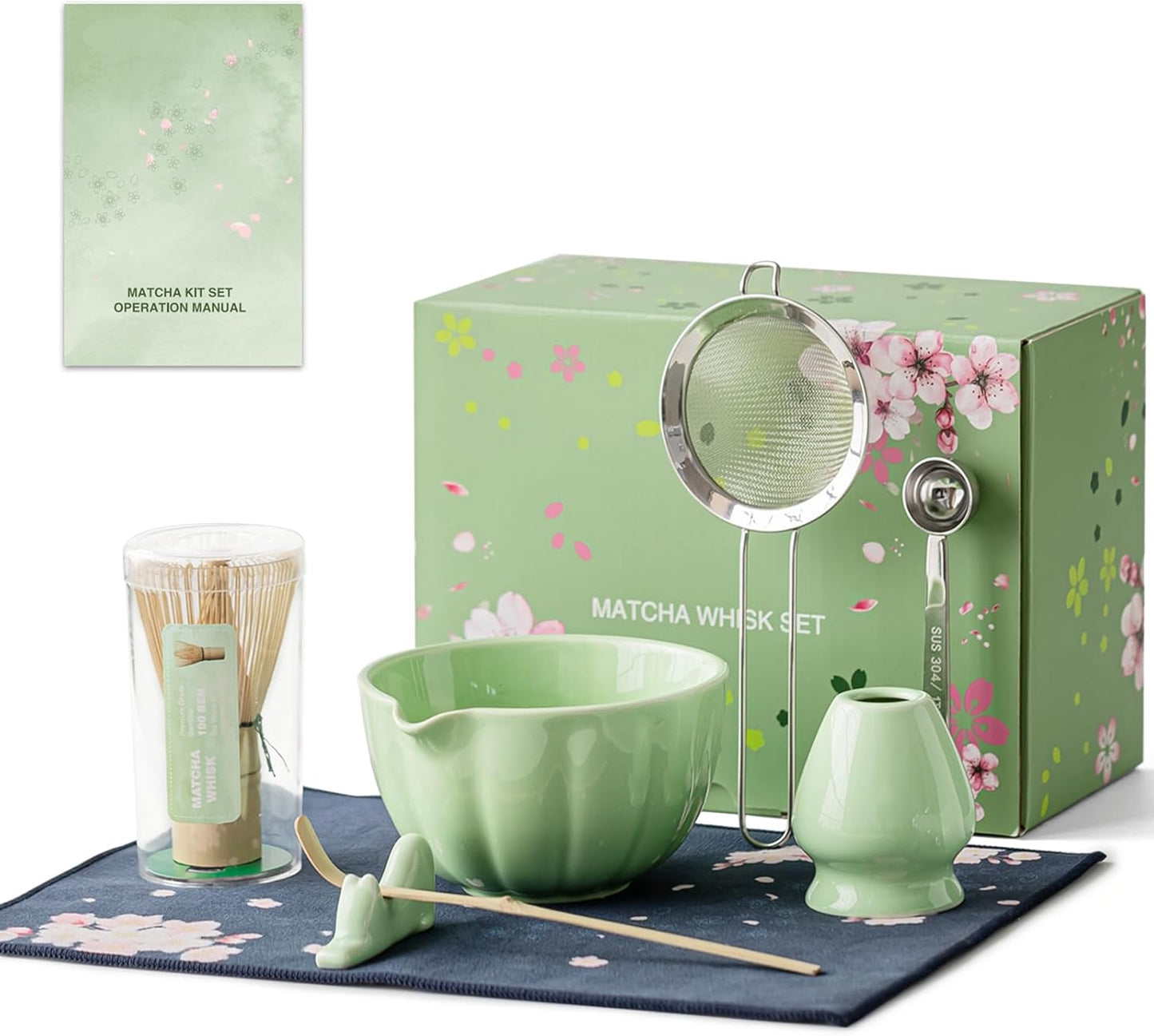 8 Pcs Matcha Whisk Set - HTRCXB Matcha Set with Ceramic Bowl, Bamboo Whisk & Holder, Scoop, Sifter, Measuring Spoon, Scoop Rest & Tea Towel, Complete Gift Kit for Beginners & Tea Lovers